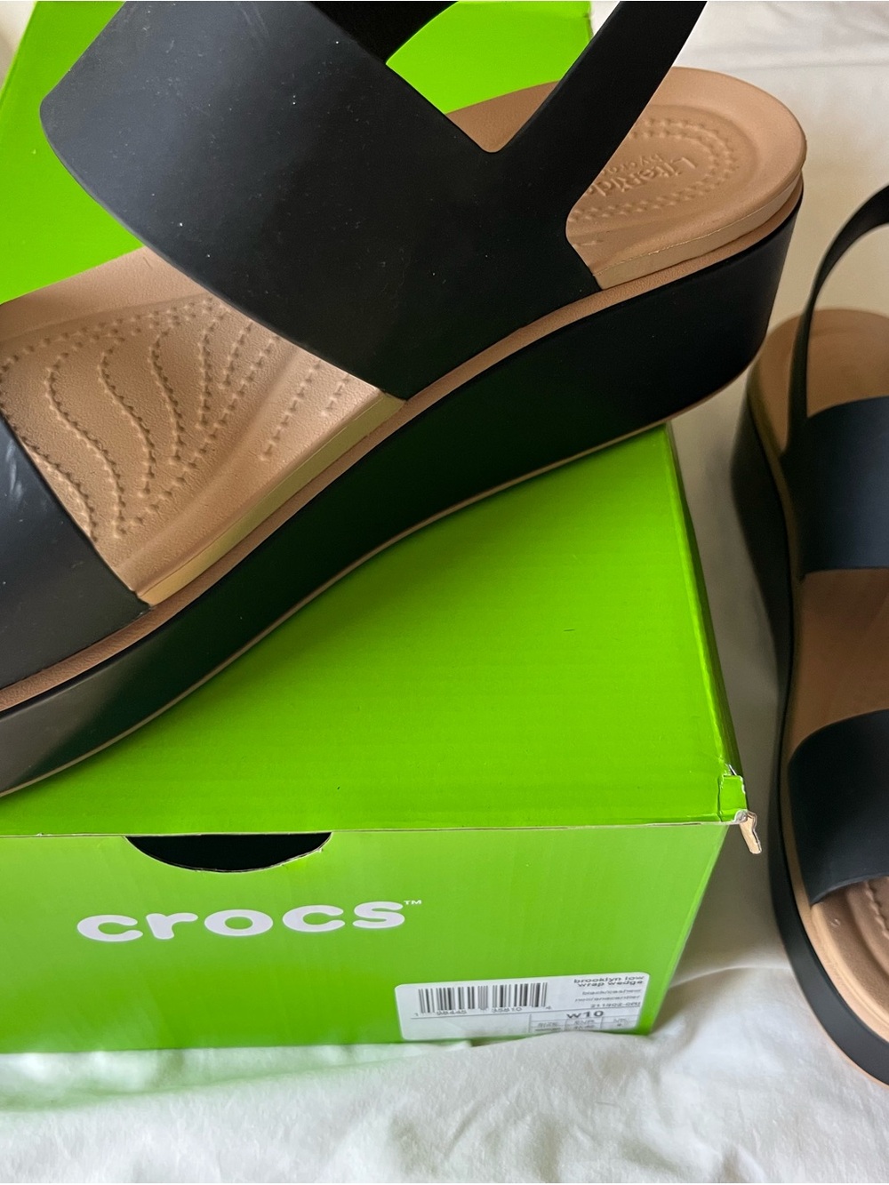 CROCS Black Wedge Sandals with Tan Footbed